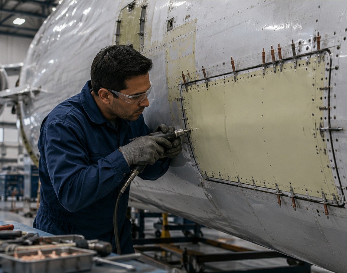 Technician repairing an airframe panel