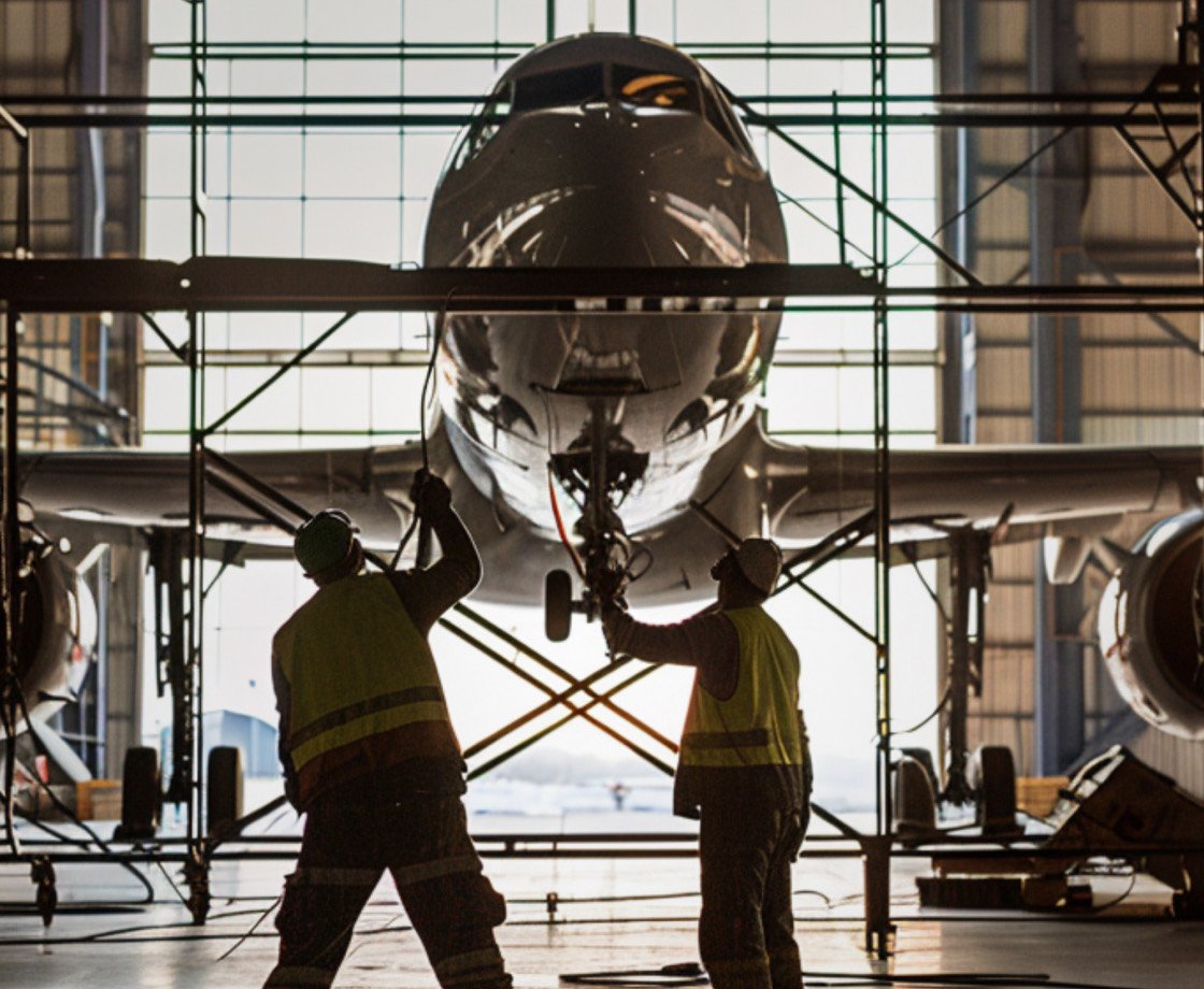Technicians working under an aircraft nose