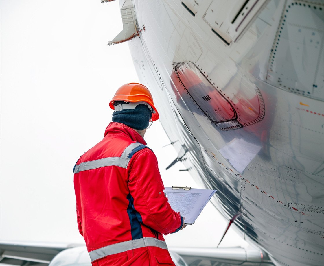 Inspector reviewing documentation beside an aircraft