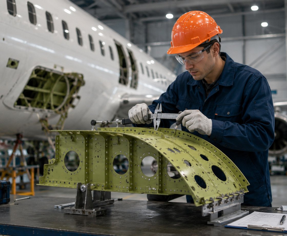 Technician measuring a structural component